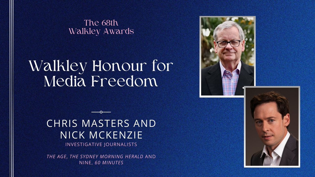 Investigative journalists Chris Masters and Nick McKenzie (<a href="/Ageinvestigates/">Nick McKenzie</a>) have been presented the Walkley Honour for Media Freedom to recognise their Ben Roberts-Smith stories published in <a href="/theage/">The Age</a>, @sydneymorningherald and on <a href="/60Mins/">60 Minutes Australia</a> from 2018 to 2023.