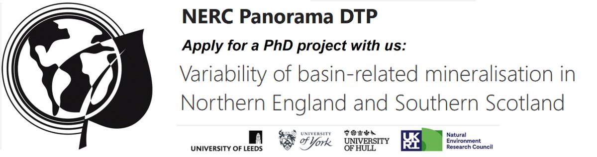 PhD project available with us at <a href="/OMGLeeds/">OMGLeeds</a> , looking at the base metal mineralisation across Northern England and Southern Scotland, in collaboration with @TheGeoFather at Edinburgh. Deadline 5 Jan, for Oct 2024 start. See details at panorama-dtp.ac.uk/research/varia…