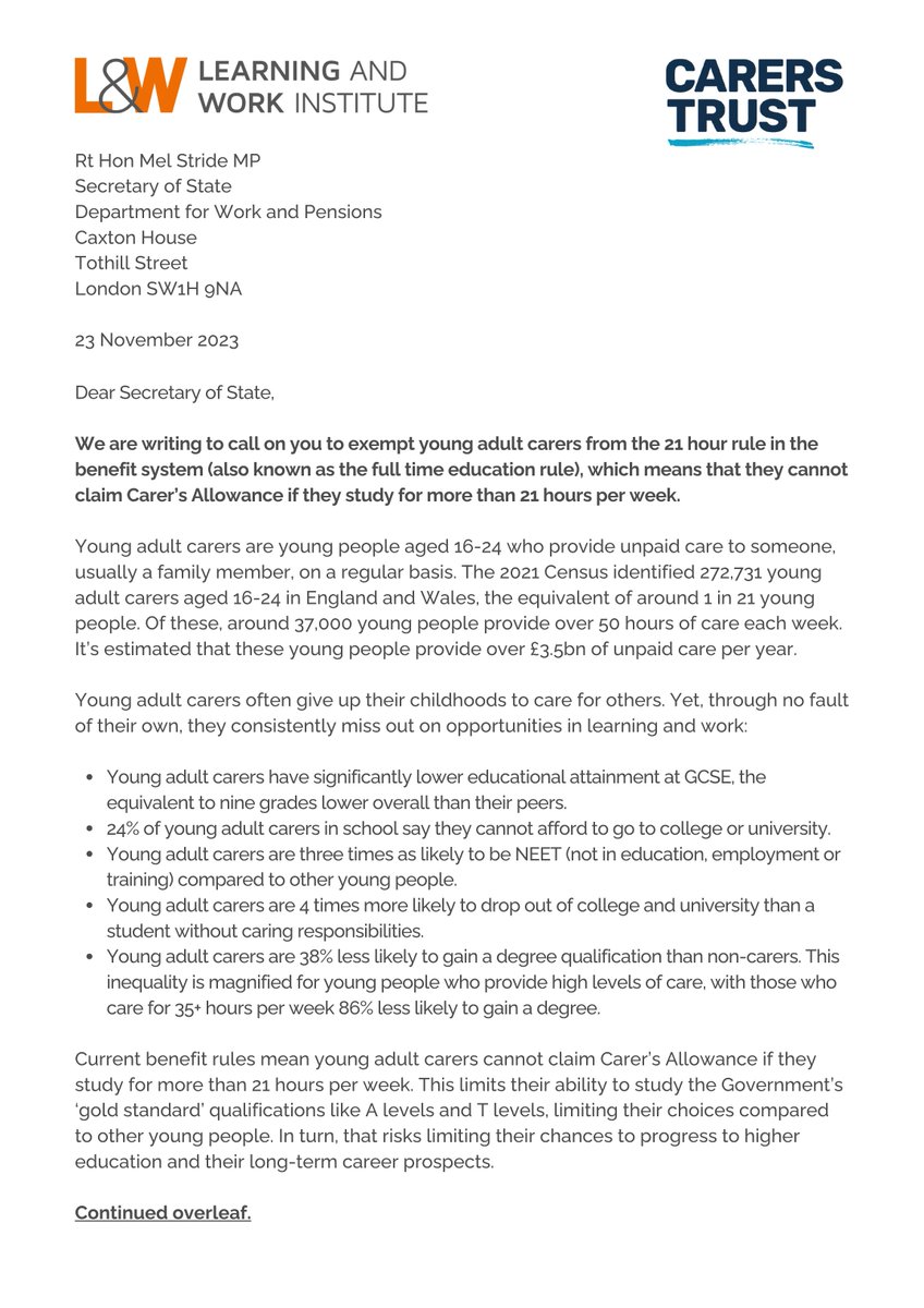LearnWorkUK's tweet photo. 📢 “Dear Secretary of State…”

NEW: this #CarersRightsDay, @LearnWorkUK and @CarersTrust are launching an open letter calling for reforms to the 21 hour rule in the benefit system.

Add your name: https://t.co/4DJzjZUBp5

🧵 (1/7) @DWPgovuk https://t.co/rLQclfXjj8