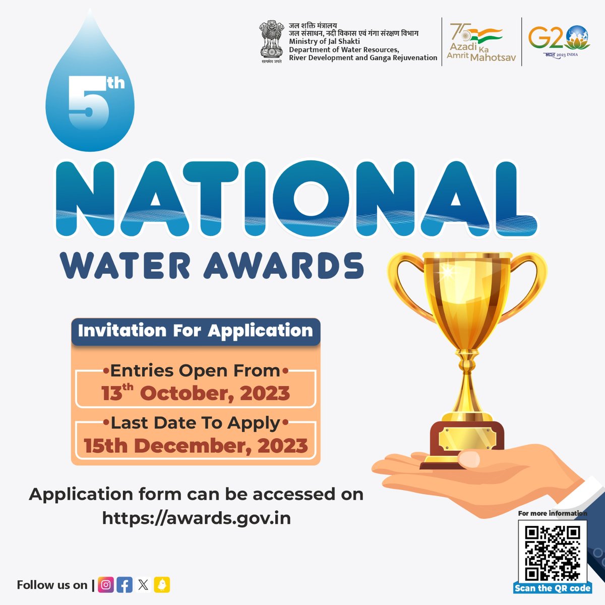 From the #BestState to #Best Individual, we've got 32 #awards up for grabs! Trophies, citations & cash prizes await the #champions of 5th #NationalWaterAwards. Let's honour those leading the charge for a #sustainablefuture! #WaterLeaders #WaterHeroes #JalShakti #WaterAwards2023