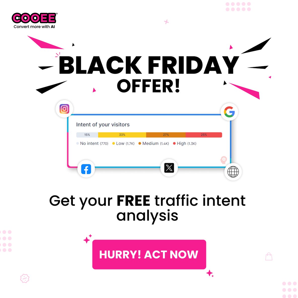 To help your D2C brand shine in the competitive scene, COOEE has a special treat: a FREE intent analysis for every visitor to your Shopify store. Schedule a call with our experts and avail this great offer. 
eu1.hubs.ly/H06l3SJ0

#BFCM #D2Cbrands #intentanalysis