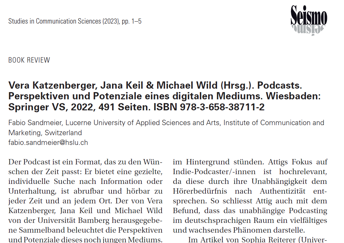 In his #BookReview of the edited volume "Podcasts" by <a href="/katzenberger_v/">Vera Katzenberger</a>, @janakeil94 &amp; <a href="/MichaelWild84/">Michael Wild</a> our author <a href="/sandmefa/">Fabio Sandmeier</a> highlights the concise compilation of the state of the art. Thus it qualifies as a reference book!
👉Online first: doi.org/10.24434/j.sco…