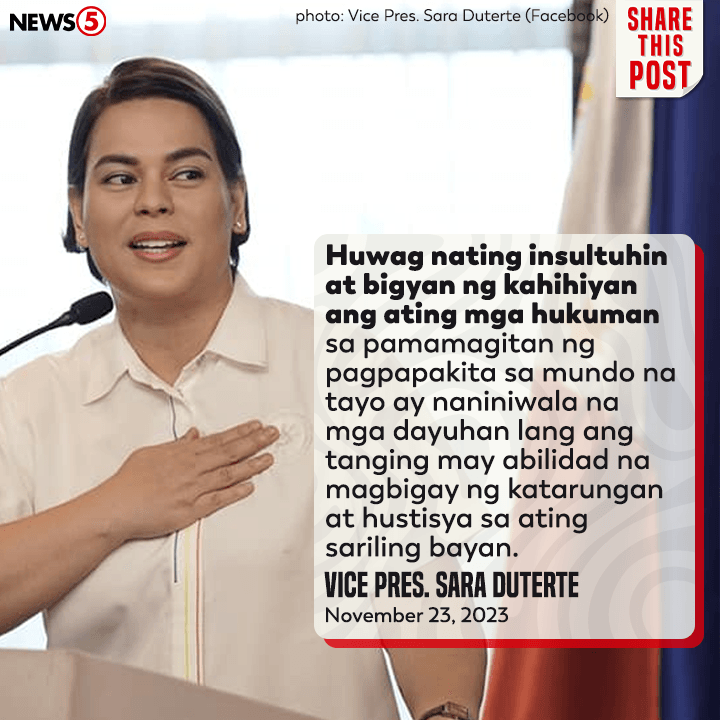 News5PH's tweet photo. "HUWAG NATING INSULTUHIN ANG ATING MGA HUKUMAN"

Ito ang iginiit ni Vice Pres. #SaraDuterte sa tangka ng Kamara na payagan ang imbestigasyon ng International Criminal Court #ICC sa bansa. https://t.co/k1JiuWCGdp