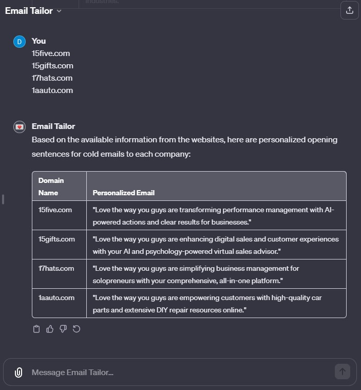 dewanggoyal16's tweet photo. Custom GPTs are 🔥

I made a GPT that takes a company's domain, analyzes their offerings and target customers, then generates a personalized cold email opener. 

Great for personalized B2B outreach.

#GPTs #EmailMarketing #AI https://t.co/pWeypD6eLx