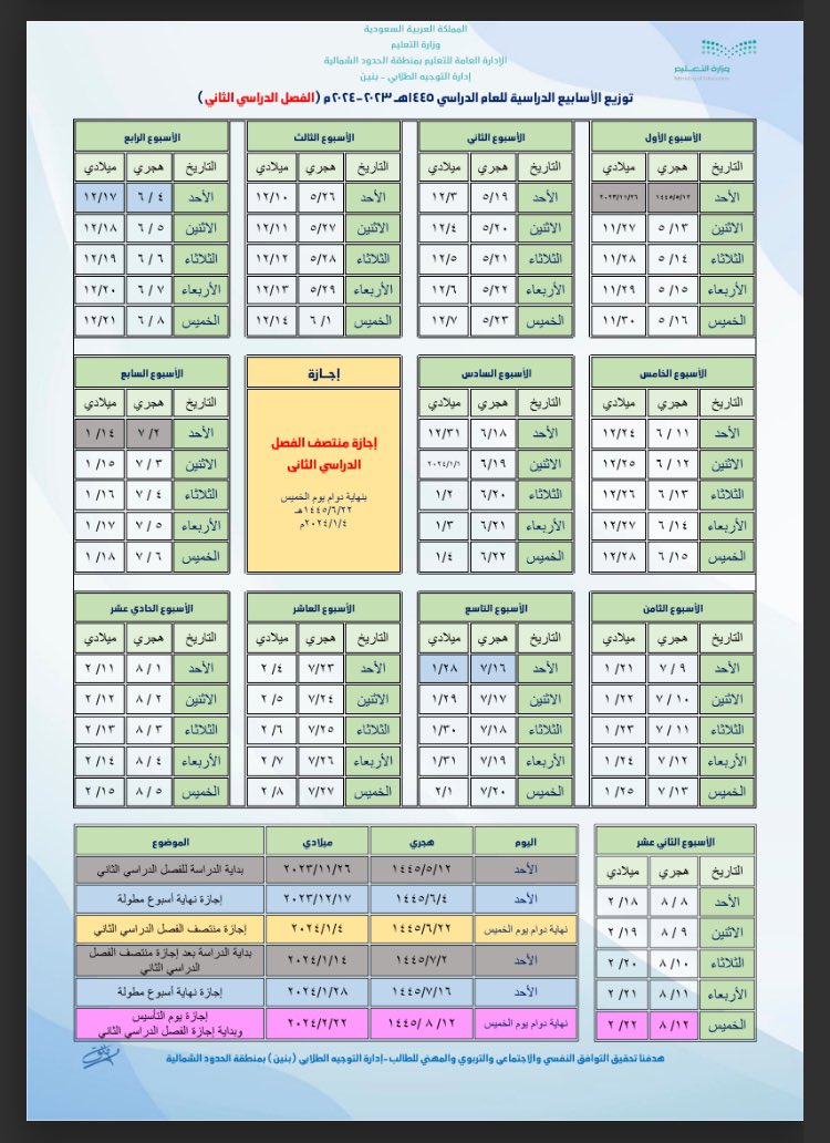 sadar1000's tweet photo. للجميع :- هنا توزيع الأسابيع الدراسية للفصل الدراسي الثاني لعام  ١٤٤٥هـ https://t.co/7zaWcV0X4s