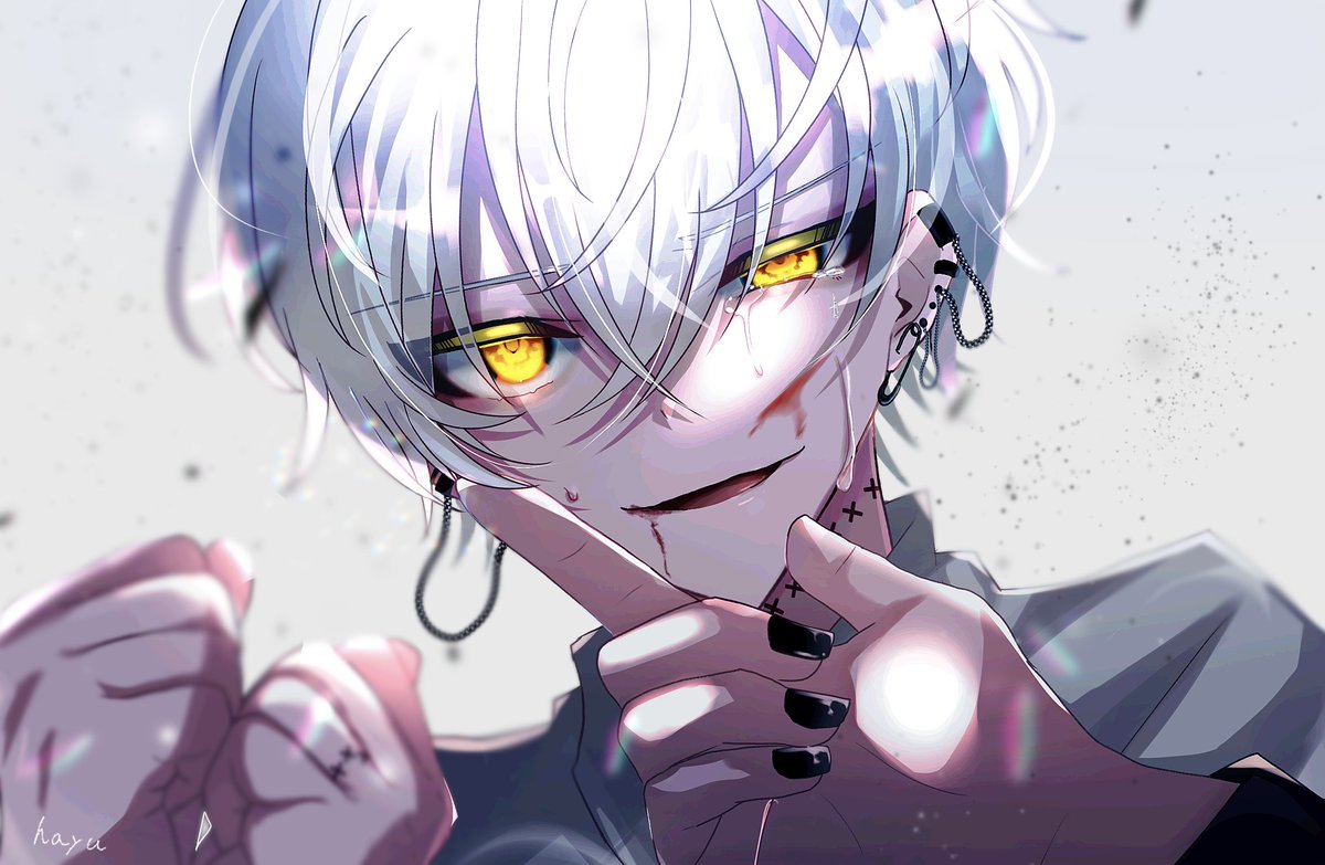 1boy male focus yellow eyes white hair piercing blood ear piercing  illustration images