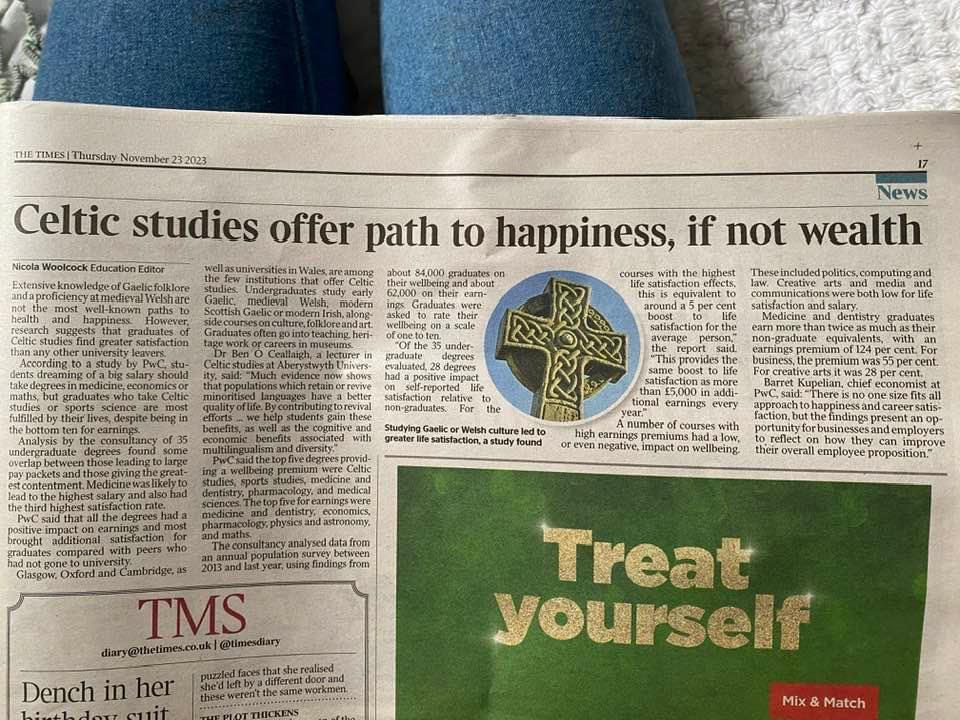 📢"research suggests that graduates of Celtic studies find greater satisfaction than any other university leavers."

🎓Study with us in September 2024: ucd.ie/icsf/en/studyw…
