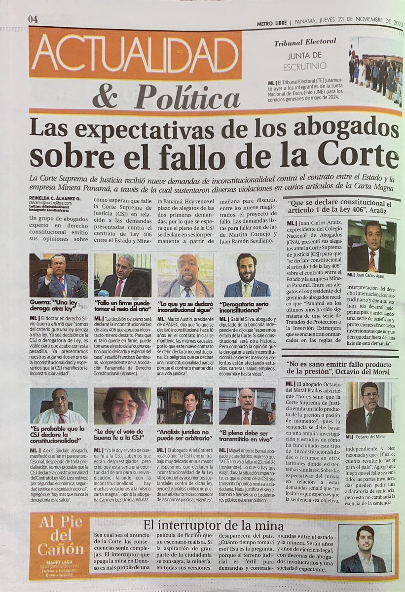 Opiniones de abogados sobre el esperado fallo del Pleno de la Corte Suprema frente a las demandas de inconstitucionalidad de la Ley 406 que aprueba el contrato minero