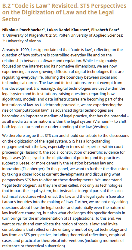 Together with @digiones and @Elisabeth_Paar, I am organising a session on legal technologies on next year's STS Conference Graz 2024. stsconf.tugraz.at/calls/sessions… /1