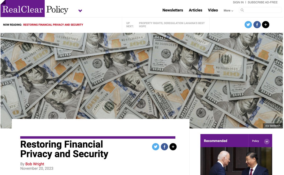 aier's tweet image. Restoring Financial Privacy and Security: realclearpolicy.com/articles/2023/…. Analysis at @realclearpolicy by @robertewright of @AIER.

 #4thAmendment #5thamendment
