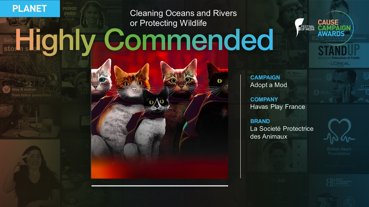 The second category of the night is Planet: Cleaning Oceans and Rivers or Protecting Wildlife. A Highly Commended goes to @HavasPlay_FR for Adopt a Mod #FOMCA23