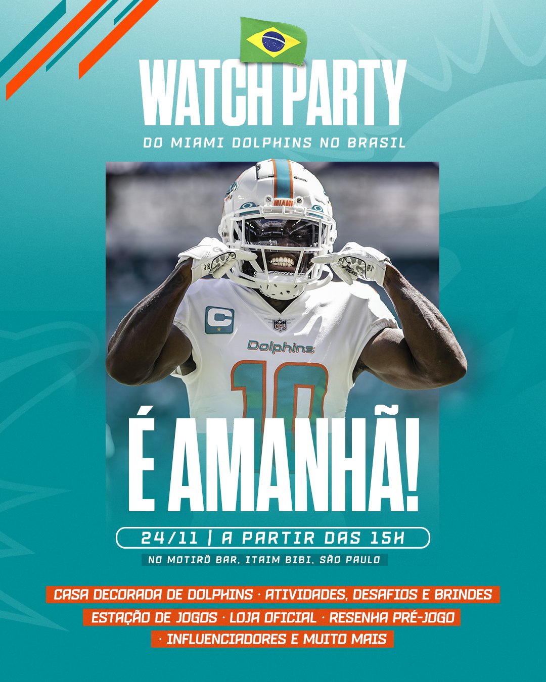 É HOJE! A primeira Watch Party oficial do Miami Dolphins no Brasil! 🐬  🇧🇷⁣ ⁣ Esperamos vocês para uma tarde de muito futebol americano…