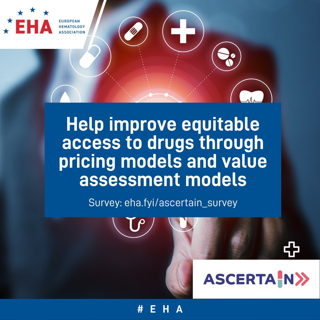 Your input is crucial! Together with @ASCERTAIN_EU, EHA is working to improve equitable access to drugs through pricing models and value assessment models addressing the needs of patients, doctors, and payers. Fill in the survey: eha.fyi/ascertain_surv…