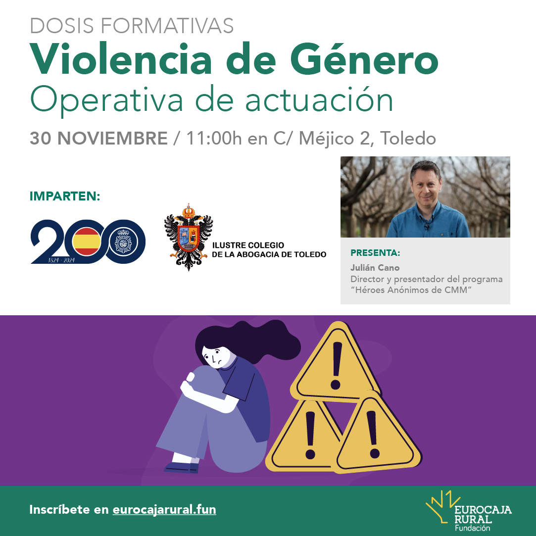 FundacionECR's tweet photo. 📌Junto con @eurocajarural , la Unidad de Atención a la Familia y Mujer (UFAM) de @policia  y el Ilustre Colegio de la Abogacía de Toledo impartiremos una dosis formativa contra la violencia de género.📝30 de noviembre, 11:00 h. formato presencial, moderada por @juliancanocmt , presentador del programa «Héroes Anónimos» de CMM.

✅ Plazas limitadas.
✅ Formulario de inscripción en https://t.co/4NCYCPTLh6

¡Inscríbete!