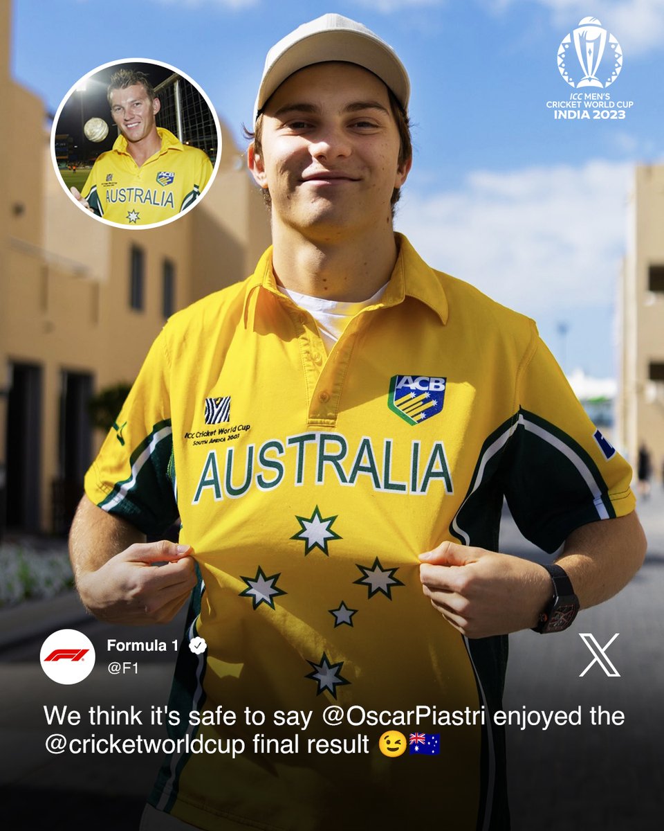 20-year challenge done right 🥹 @F1 star @OscarPiastri dons 🇦🇺's 2003 World Cup jersey, a gift from @BrettLee_58 himself! #CWC23