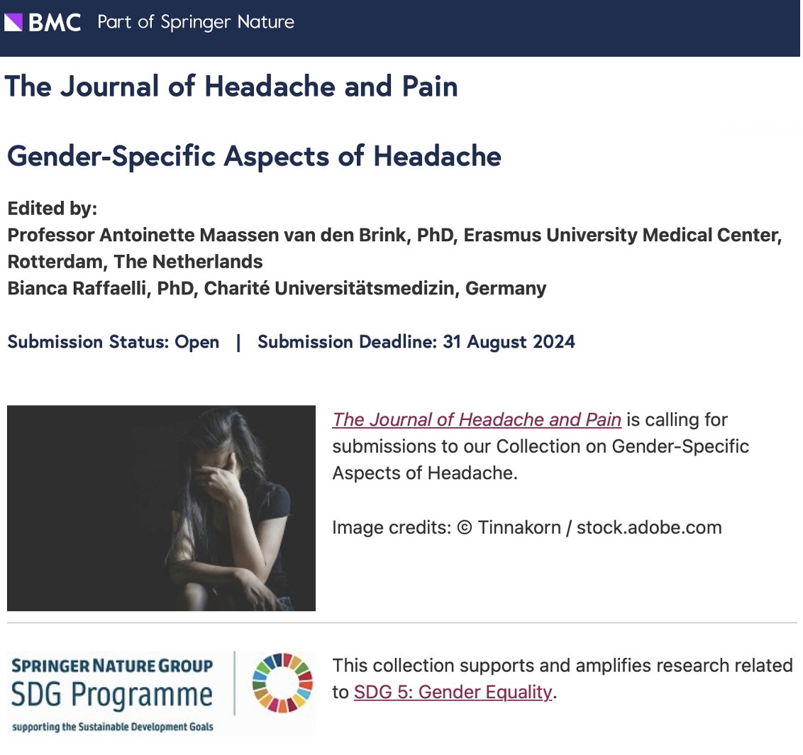 New Thematic Collection just opened in The Journal of Headache and Pain: Gender-Specific Aspects of Headache. Guest Editors Antoinette Maassen van den Brink and Bianca Raffaelli. biomedcentral.com/collections/GS…