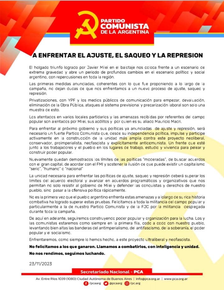 🇦🇷
El holgado triunfo logrado por <a href="/JMilei/">Javier Milei</a> en el balotaje nos coloca frente a un escenario de extrema gravedad y abre un periodo de profundos cambios en el escenario político y social  argentino, con repercusiones en toda la región.
Sigue. 👇