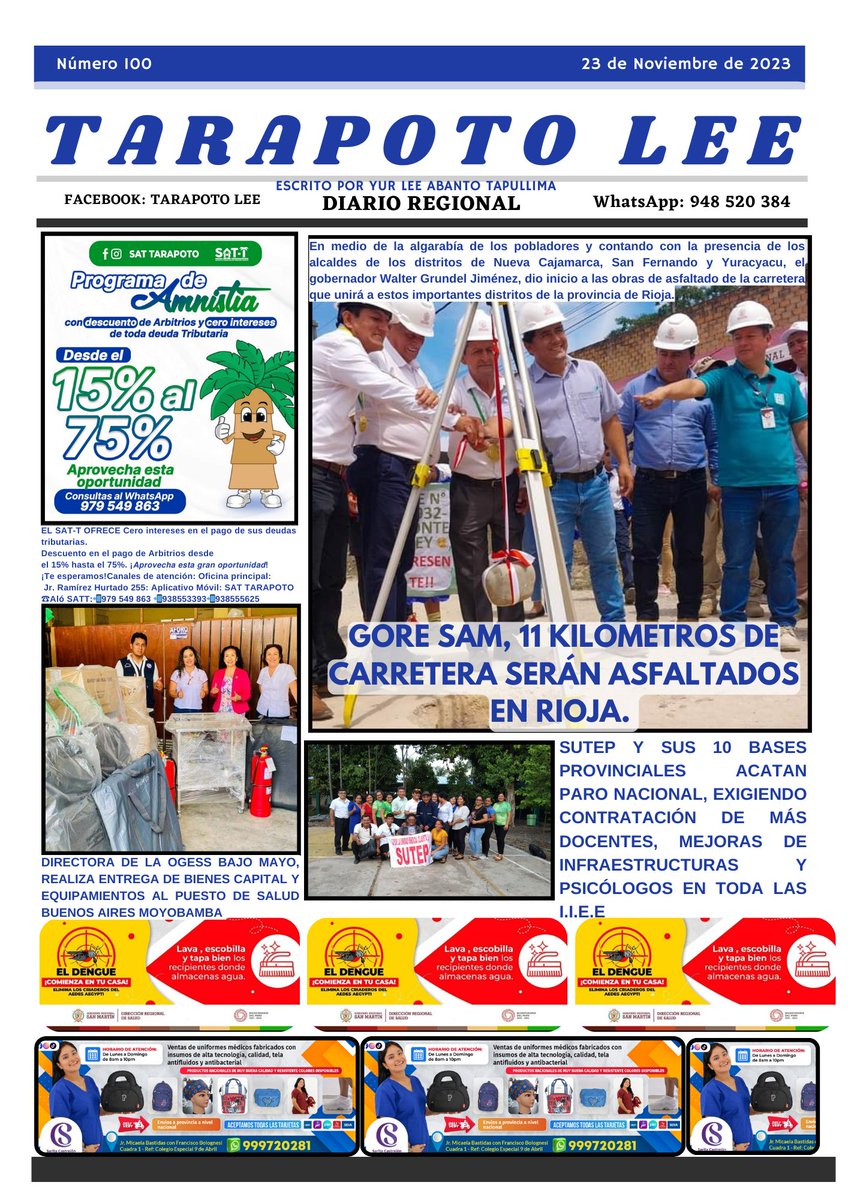 AbantoYur's tweet photo. Llegamos a la edición 100 gracias por sus apoyo. Tarapoto Lee e informa. Portada 23 de Noviembre 2023. https://t.co/B69bFPBWru
