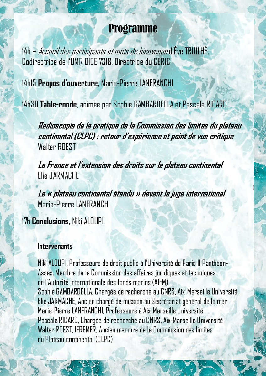📅Save the date !
Le CERIC organise les deuxièmes Après-midis du droit de la mer sur le thème de la territorialisation des fonds marins
⏲️9 janvier 2024 à 14h
📍Faculté de droit, espace Cassin, salle 3.3
Plus d'infos : dice.univ-amu.fr/fr/dice/ceric/…