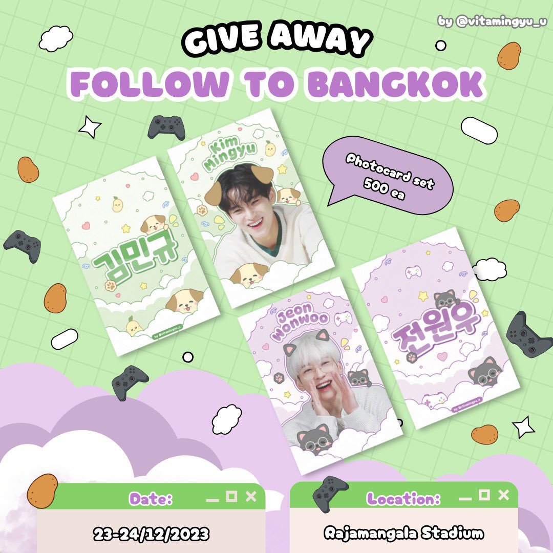 ˓𓄹 ࣪˖  pls, kindly rt ⋆ ࣪.

𓄲 𝑮𝒊𝒗𝒆𝒂𝒘𝒂𝒚 ⸰ֺ⭑
🐶 #Follow_to_BANGKOK 🐱
Minwon shipper only (proof required) 

✨Slogan, keyring, handfan, hair clips, sticker, photocard

🗓 23-24 dec 2023
🧷 time&amp;place - 𝘁𝗯𝗮
🤓 pls rt and show this tweet
 #SVTinBKK #SEVENTEENinBKK