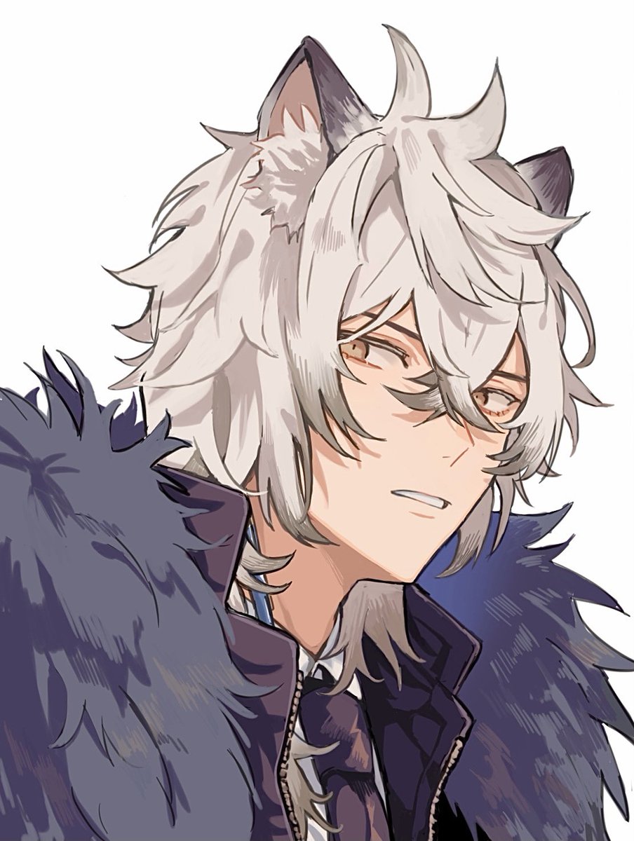 silverash (arknights) 1boy animal ears male focus solo fur trim white background leopard ears  illustration images