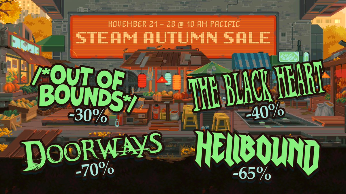 STEAM AUTUMN SALE IS HERE! 🍂 We're discounting everything: 🔫 @OutOfBoundsVg Game & OST -30% 🖤 @TheBlackHeartVg Game & OST -40% 💥 @HellboundGame Game & DLC -65% ⛩️ @DoorwaysGame All Games -70% Link to the stores ▶️ saibotstudios.com Please RT! Thank you #indiegame