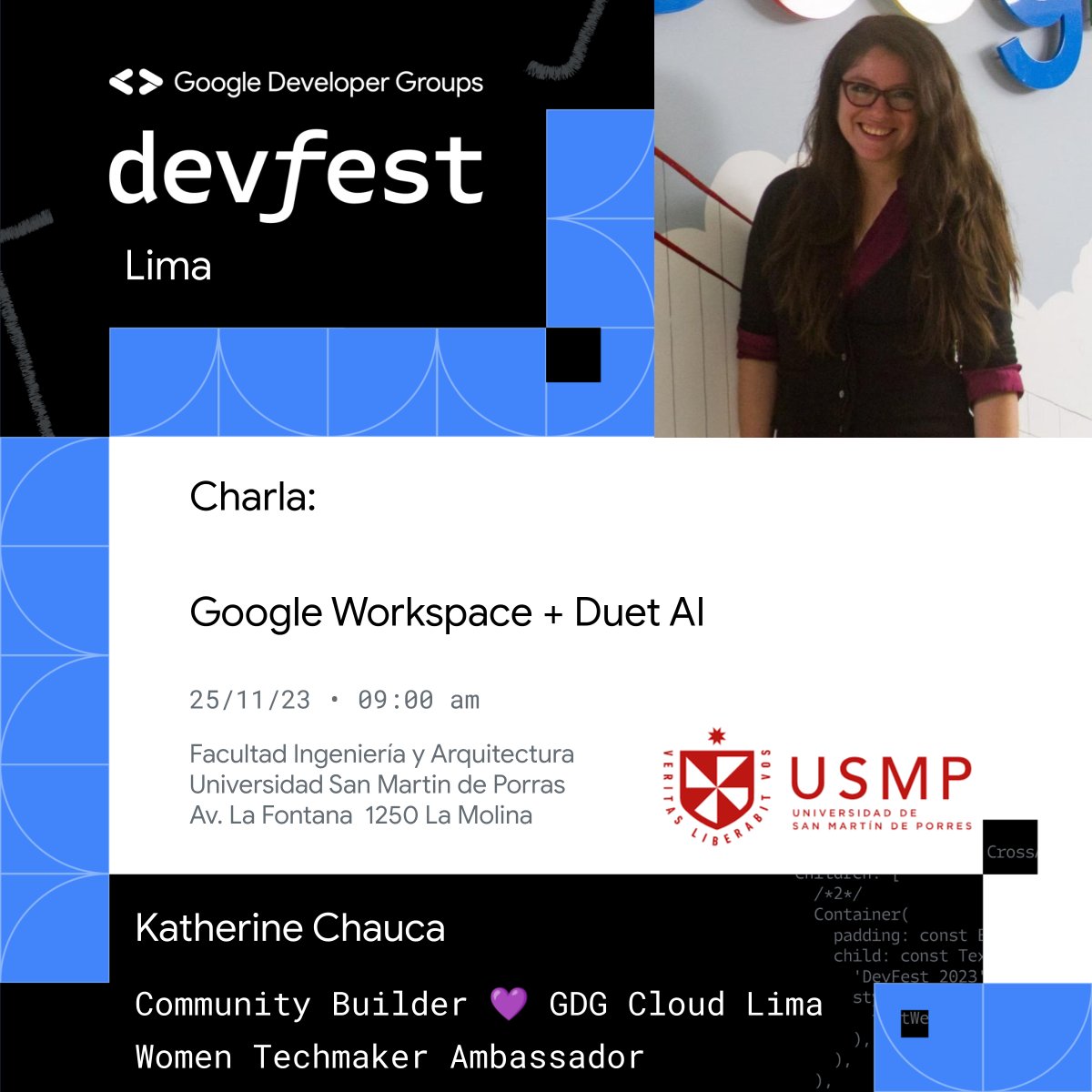 gdglima's tweet image. 📢 ¡Conoce a nuestros #Expositores !
🧑💻Con nosotros estará Katherine Chauca
Acompáñanos en su charla sobre "Google Workspace + Duet AI" 
📍: FIA  USMP (La Molina, Av. la Fontana 1250)
📅: 25/11 09:00
📢 Registro: bit.ly/larutadevfestl…
#devfest #devfestlima #devfestlima23
