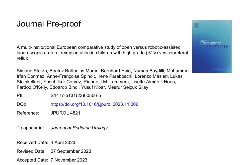 Another paper by our group. Take a look at it. A multi-institutional European comparative study of open versus robotic-assisted laparoscopic ureteral reimplantation in children with high grade (IV-V) vesicoureteral reflux. jpurol.com/action/showPdf…