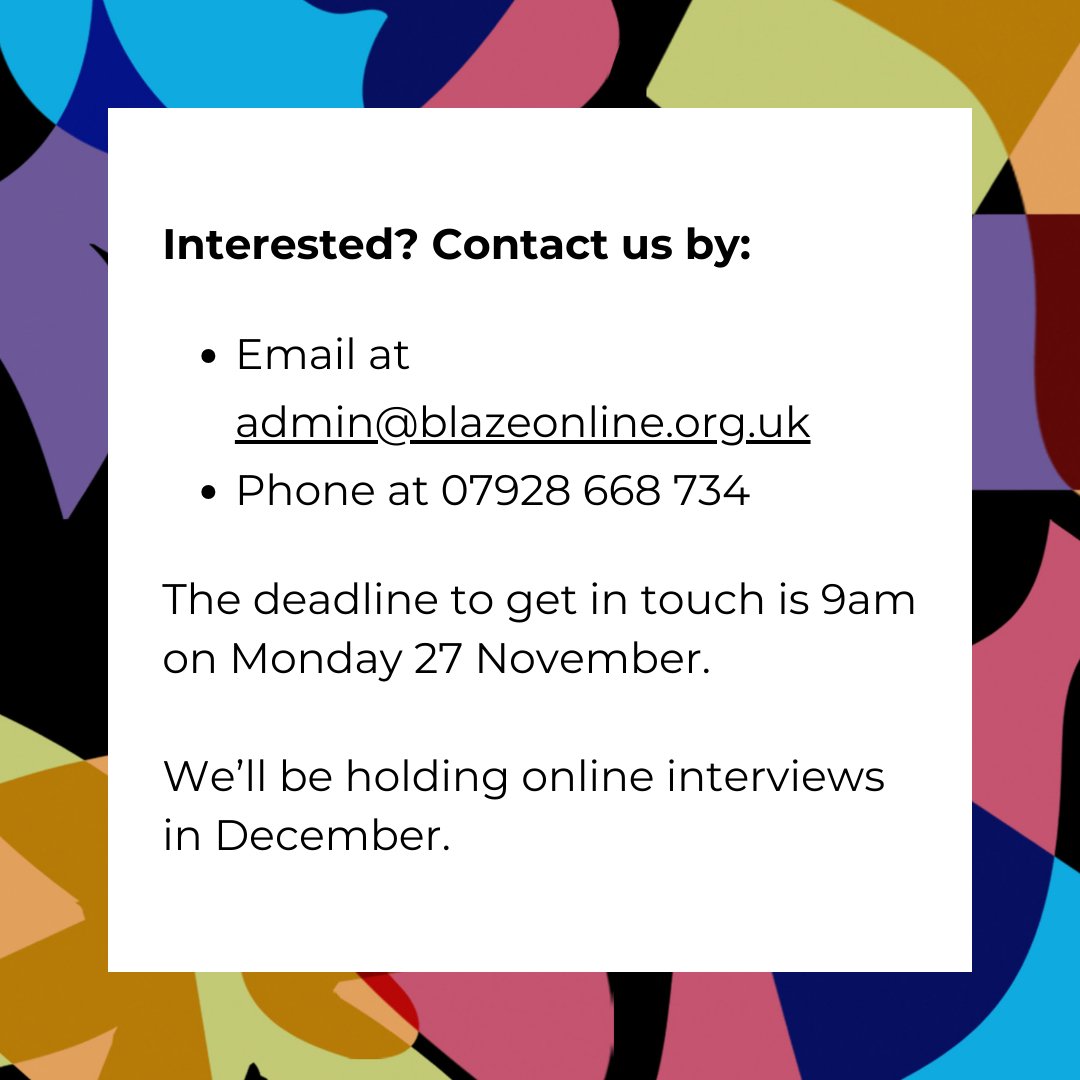 Interested in becoming a Blaze Trustee? This is your final call ahead of next Monday's 9am deadline ⌛️  Don’t hesitate to get in touch if you have any questions. You can contact us at:  • admin@blazeonline.org.uk • 07928 668 734  Find out more 🔗 blazearts.co.uk/blog/become-a-…
