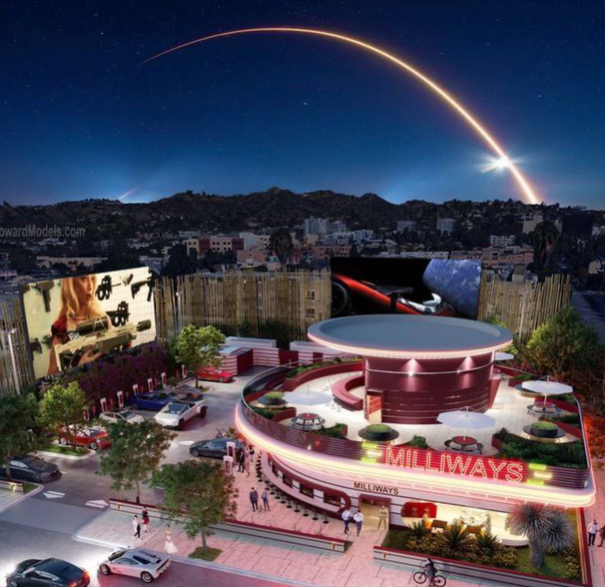 @presaleholder Tesla Diner Drive in Movie Theater Supercharger Station Official TG/#Milliways

#Milliways on ERC

Tesla is building a semi-circular two-story Diner with 29 Supercharger stalls and two movie theater screens on Santa Monica Blvd in Hollywood. This will be all over the news and we