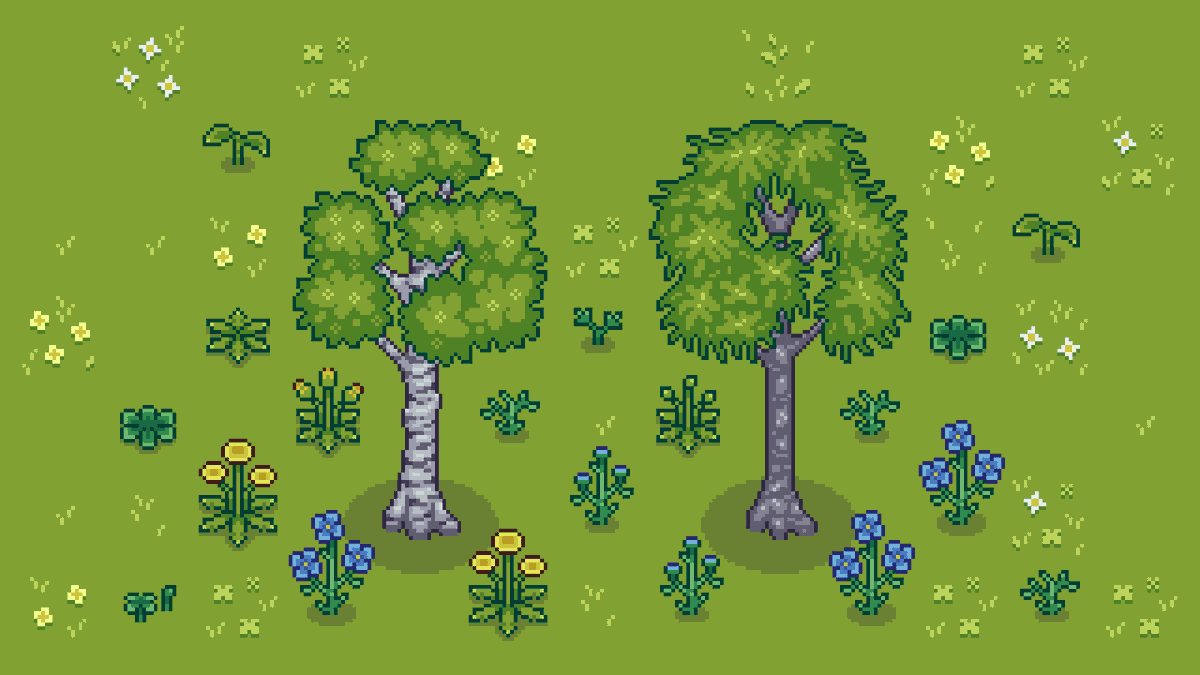 gossamore's tweet photo. Been drawing vegetation for my game 🌿 Most plants will grow and gardening will be one of the methods of obtaining natural dyes. Using natural dyes instead of synthetic ones will boost the quality of your fabrics ✨ #pixelart #indiedev #gamedev https://t.co/QjDOvGlpzx