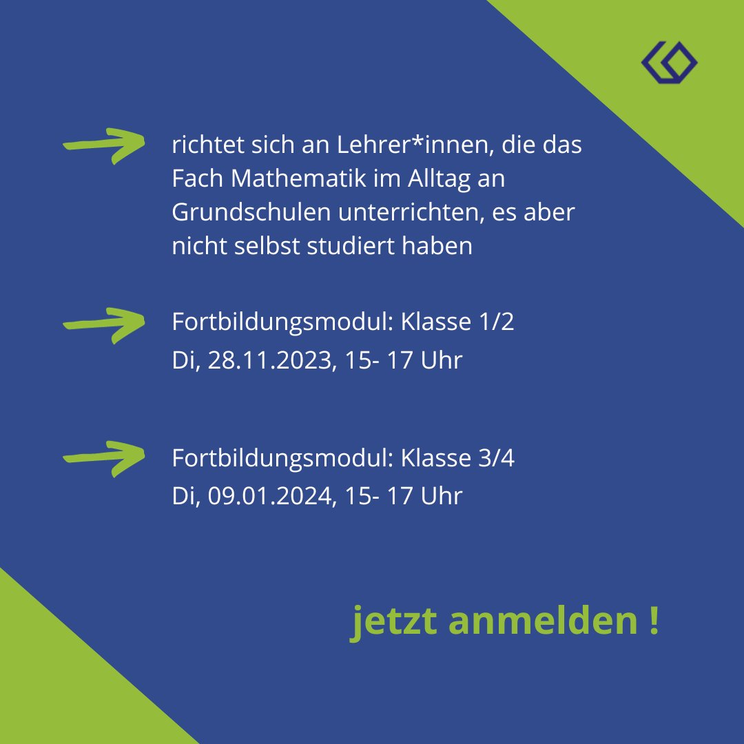 Die Mathe-Werkstatt ist ein Projekt der Sick-Stiftung und richtet sich vor allem an Lehrkräfte, die das Fach Mathematik im Alltag an Grundschulen unterrichten, es aber nicht selbst studiert haben.

➡️28.11.2023 (Online Fortbildungsmodul: Klasse 1/2)
15:00 - 17:00 Uhr