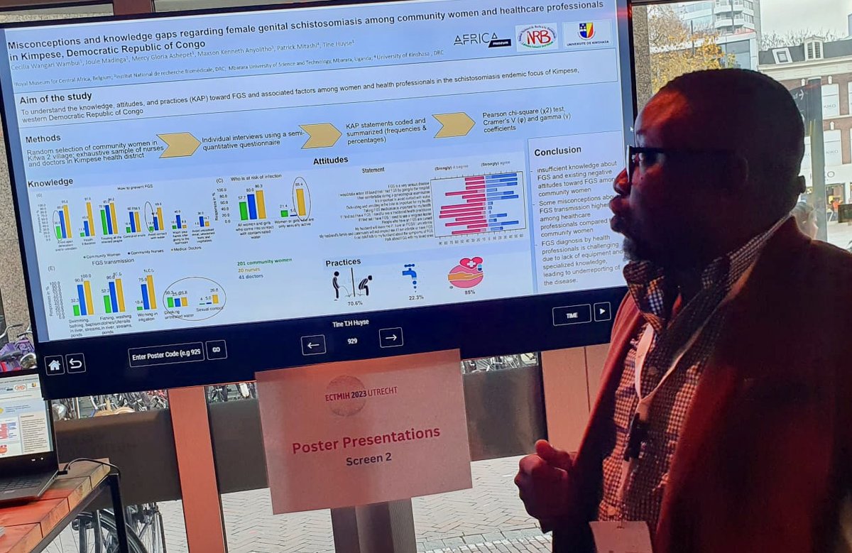 Dr. @joulemadinga presenting results of @AtrapU at @ECTMIH2023: some misconceptions about #FGS transmission higher among healthcare professionals than in community women in Kimpese, DRC. So more awareness on this neglected gynaecological disease is needed!