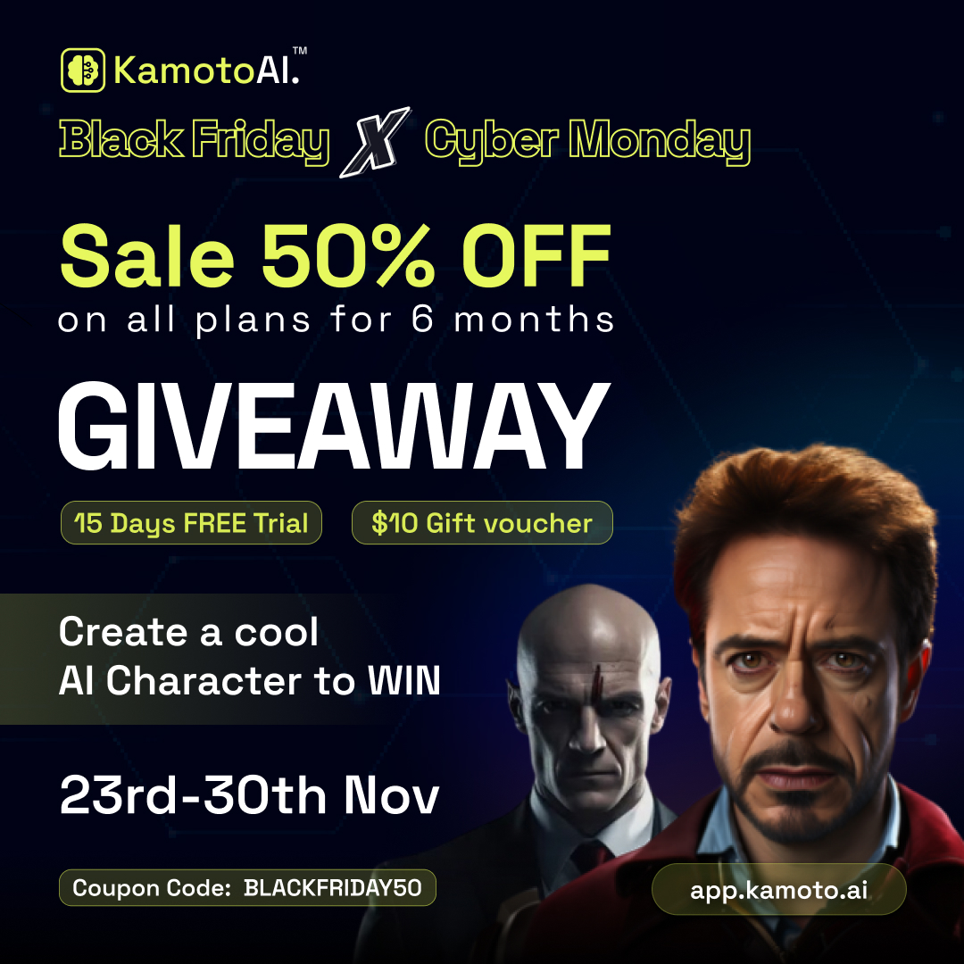🎉<a href="/KamotoAI/">Kamoto.AI</a> #BlackFriday  x #CyberMonday  Sale Event Alert !

🎁#Giveaway : 1x 15 Day Premium Trial , 1x $10 Gift Card, 100x Early Adopter Role 
💎$2,000+ worth Reward Pool

✅To Enter
❤️, RT &amp; Tag fr
👉Complete #Gleam : gleam.io/0A1Hq/kamoto-a…

🏆Winners to be announced on Dec 3