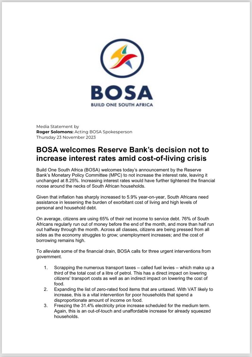 MmusiMaimane's tweet photo. ‼️Media Statement‼️ 

BOSA @BuildOneSA welcomes Reserve Bank's decision not to increase interest rates amid cost-of-living crisis. https://t.co/FdHi1wfx7g