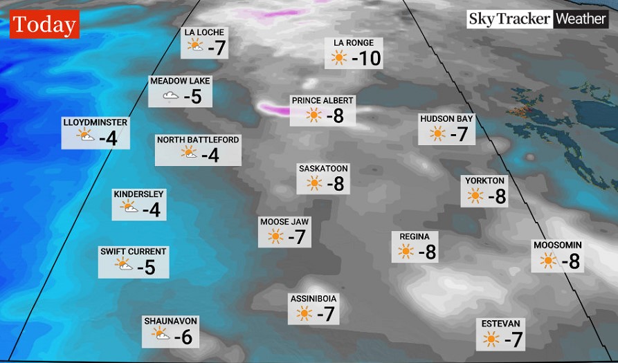 Good morning, #YQR! Brrrr🥶 chilly start across the province this morning. Wind chill values in the -20s and nearing -30 this a.m. Coldest daytime high we've seen yet this fall. Sunny &amp; -8 for Regina with a calm wind.