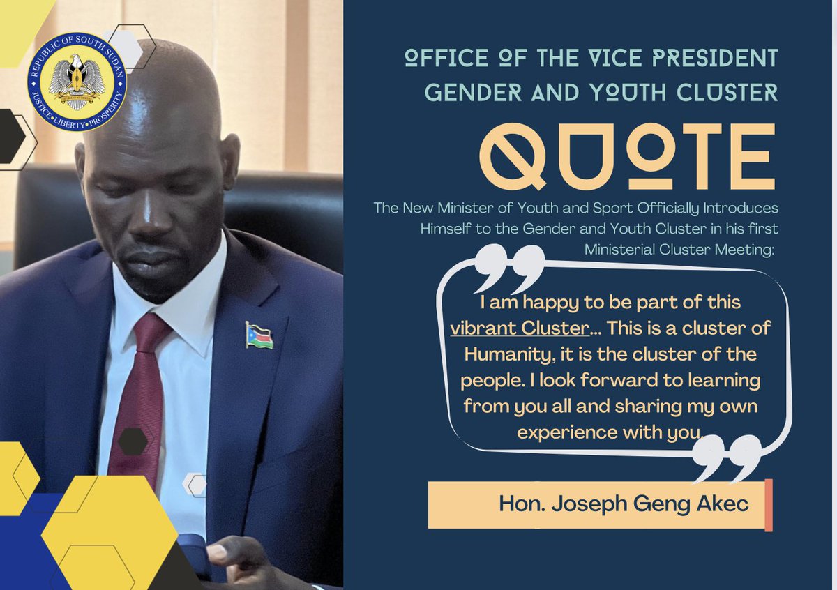 I am pleased to extend a warm welcome to Joseph Geng Akec, our new Minister of Youth&amp;Sport, as he joins our cluster! 

I look forward to working together to improve the lives of young people in our nation, advancing their rights &amp; opportunities. 

Welcome aboard, Minister! #SSOX