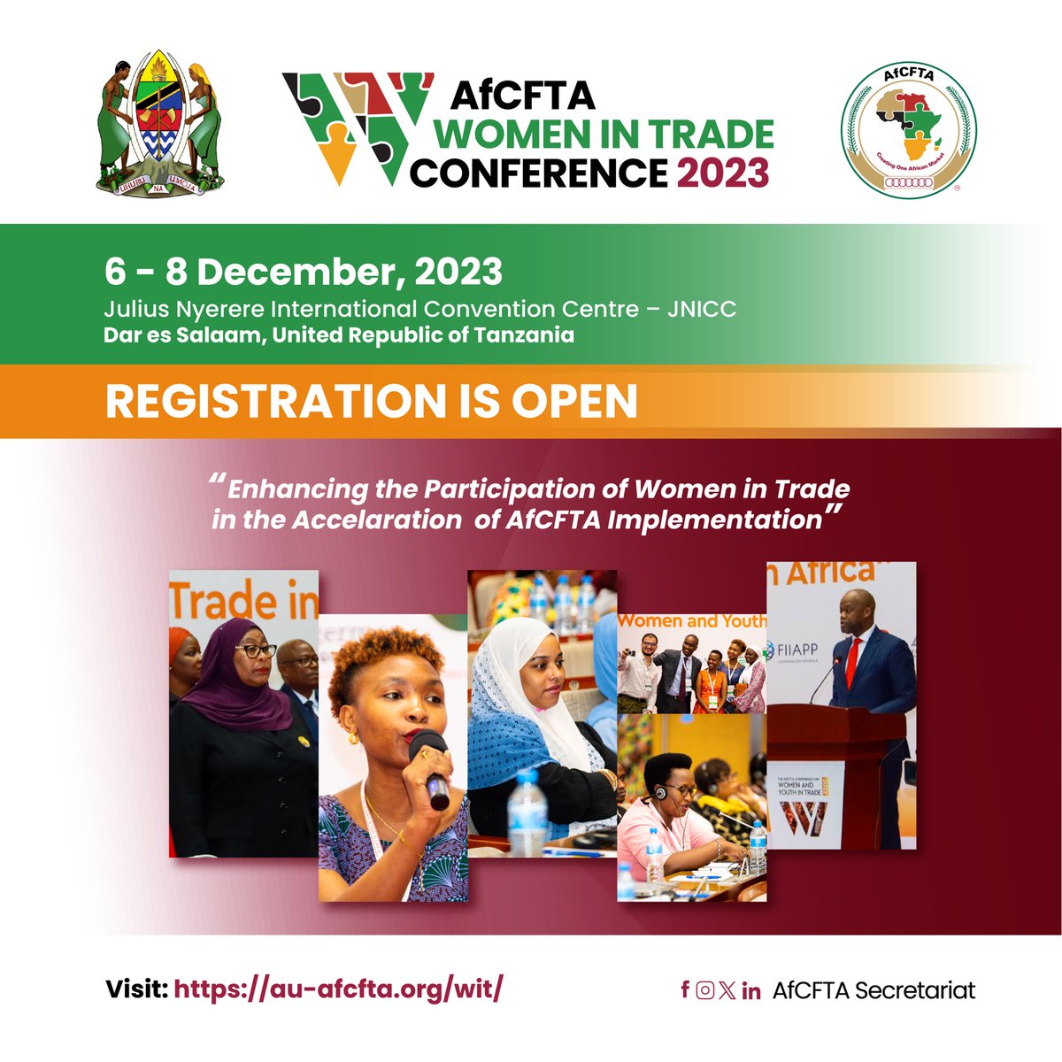 Join us at the Julius Nyerere International Convention Centre – JNICC in Dar es Salaam, United Republic of #Tanzania, from December 6th to 8th for the second edition of the #AfCFTA Women in Trade Conference. Under the theme 'Enhancing the Participation of Women in Trade in the…