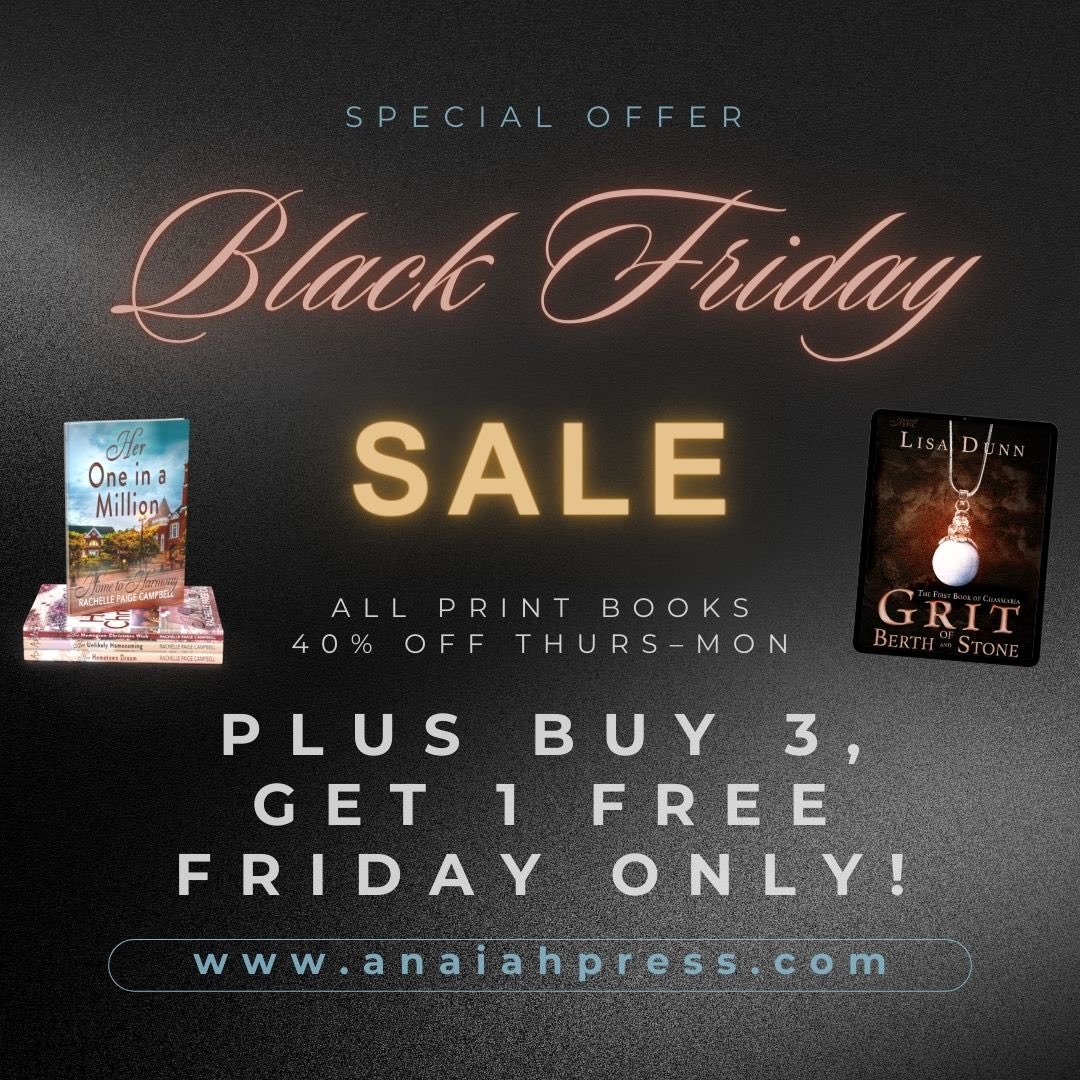 My publisher is having a Black Friday sale! anaiahpress.com

Lots of great #christian #fiction #romance and more! @anaiahpress