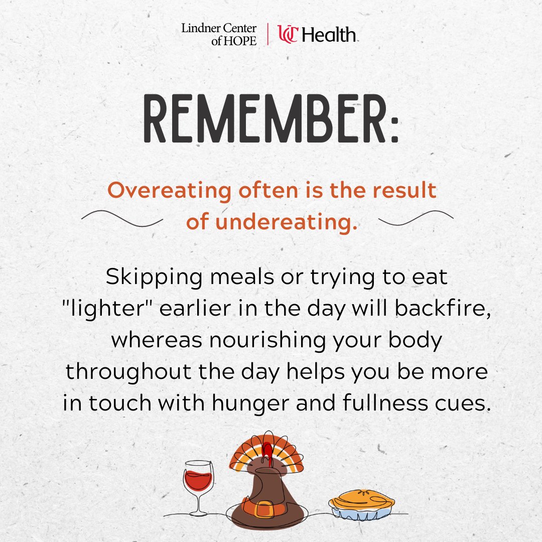 LindnerCtrHope's tweet image. Worried about #overeating this Thanksgiving? 🦃 Here’s a gentle reminder: Nourish your body throughout the day, savor the flavors, and most importantly, give yourself grace.  🍽️ ✨ #HAES #intuitiveating