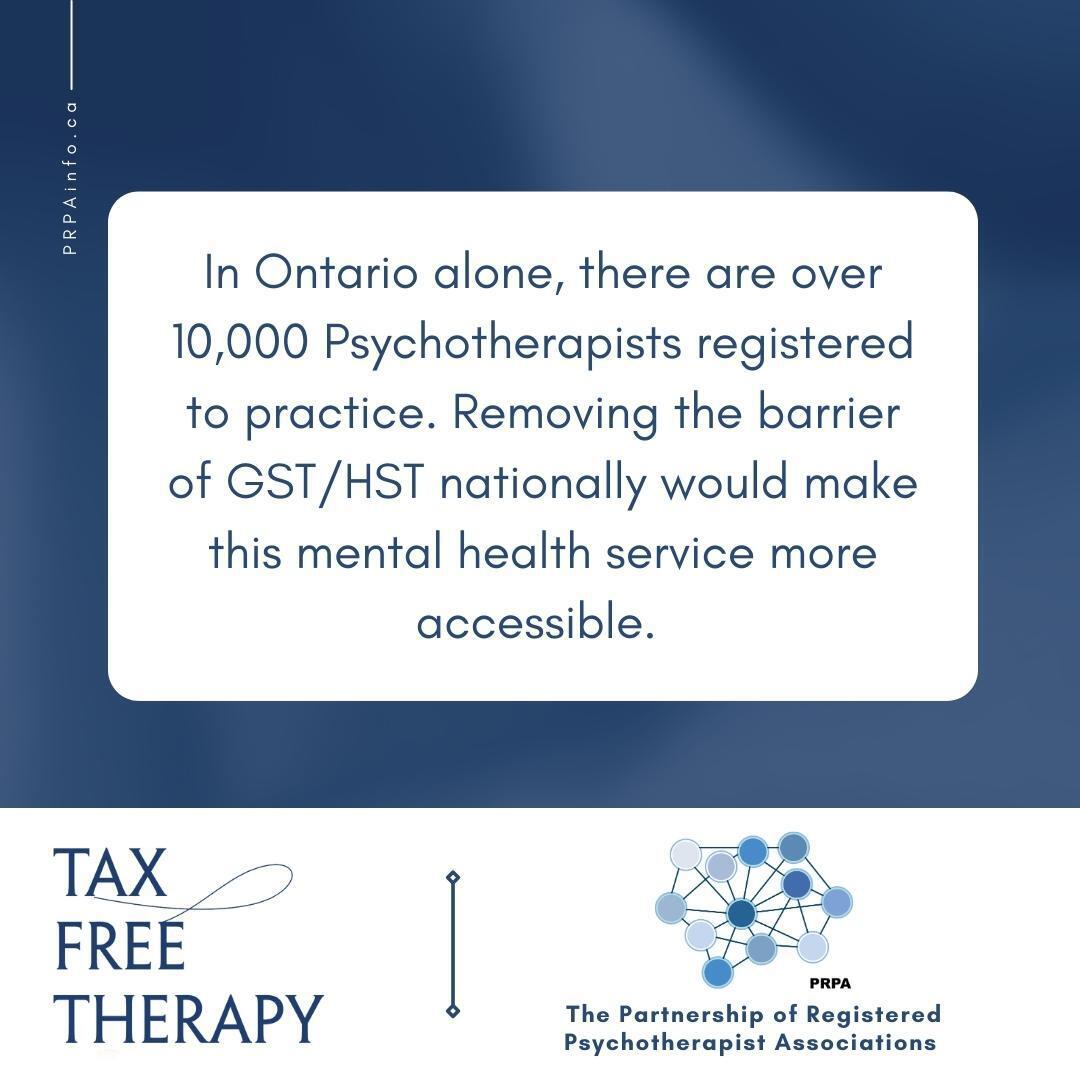 PRPAOntario's tweet photo. Exempting counselling therapy/psychotherapy from GST/HST would reduce Canada’s revenue by 0.004%. But it is worth it given the increased access to mental health to the general population. https://t.co/FArvlV9zh0