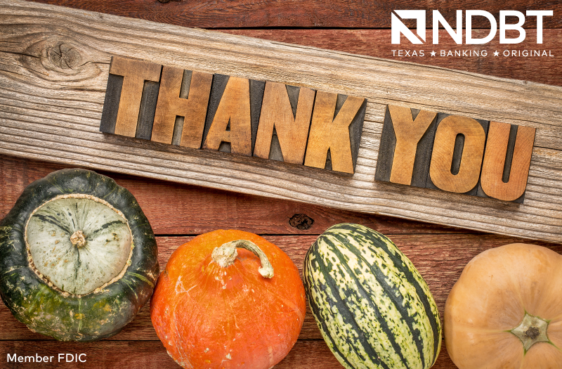 ndbttx's tweet image. Thankful for all our community partners and events this year: brev.is/SURzM And grateful for all our customers, friends, family, and communities, today…and every day. Happy Thanksgiving! 🦃 #RelationshipBanking #TexasBankingOriginal #NDBT
