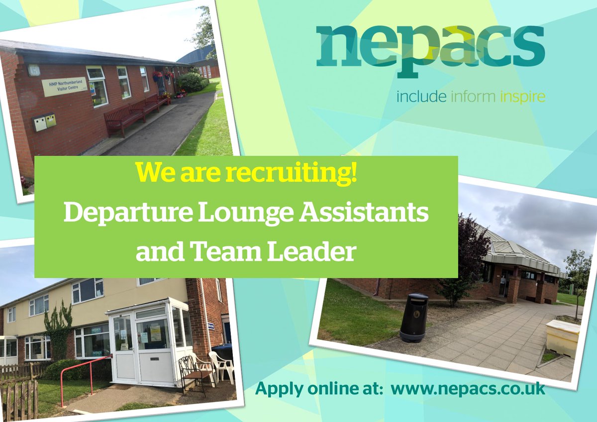 NEPACS (@nepacsinfo) on Twitter photo WE ARE HIRING <a href="/HMPHolmeHouse/">HMP Holme House</a> <a href="/HMPLowNewton/">HMPLowNewton</a> <a href="/HMPNULAND/">HMP Northumberland</a>
Departure Lounge Assistants - Closing 5 Dec '23
Team Leader Departure Lounge - Closing 6 Dec '23
Fixed to 31/03/25
Providing departure lounge support for prisoners, their families & significant others.
nepacs.co.uk/page/job-vacan… WE ARE HIRING <a href="/HMPHolmeHouse/">HMP Holme House</a> <a href="/HMPLowNewton/">HMPLowNewton</a> <a href="/HMPNULAND/">HMP Northumberland</a>
Departure Lounge Assistants - Closing 5 Dec '23
Team Leader Departure Lounge - Closing 6 Dec '23
Fixed to 31/03/25
Providing departure lounge support for prisoners, their families & significant others.
nepacs.co.uk/page/job-vacan…