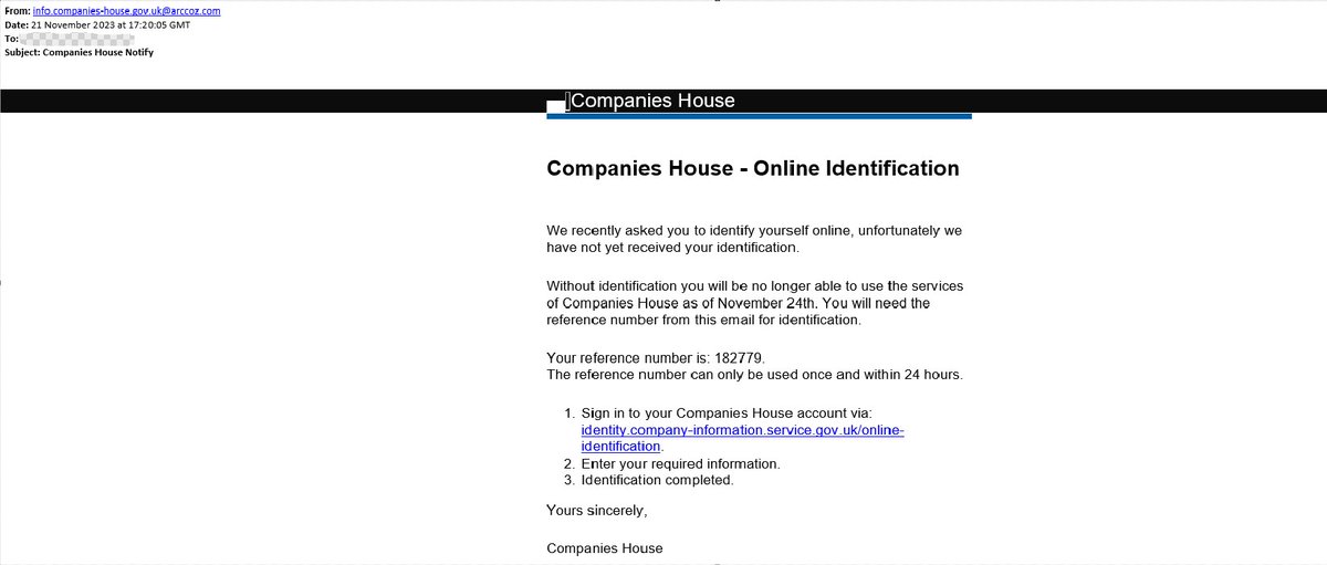 CompaniesHouse's tweet photo. We’ve received reports of suspicious emails claiming to be from Companies House.
 
If you’ve received an email like this, do not open any attachments, respond to the email, or click on any links.
 
Read advice about scams here: https://t.co/lyZRUNF17k https://t.co/I6bkg8tKC0