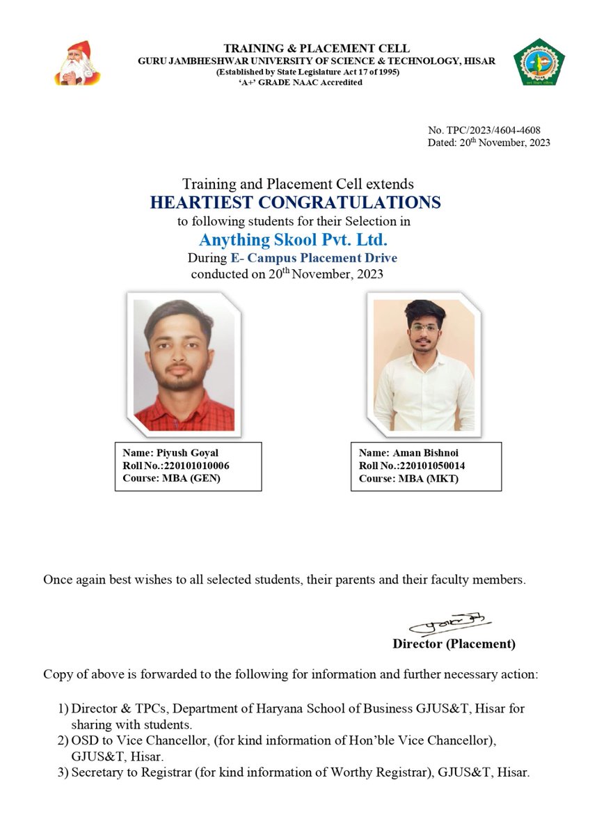 tpgjust's tweet photo. Kudos to the Piyush and Aman of GJUS&T MBA who have secured their job at "Anything Skool Pvt. Ltd." during the E-Campus placement drive.The Director of T&P Cell "Mr. PRATAP MALIK" and Assistant Director "Dr. ADITYA VEER" congratulate them.
#TPCell #GJUST #success #Placement https://t.co/khP6tYGP5u
