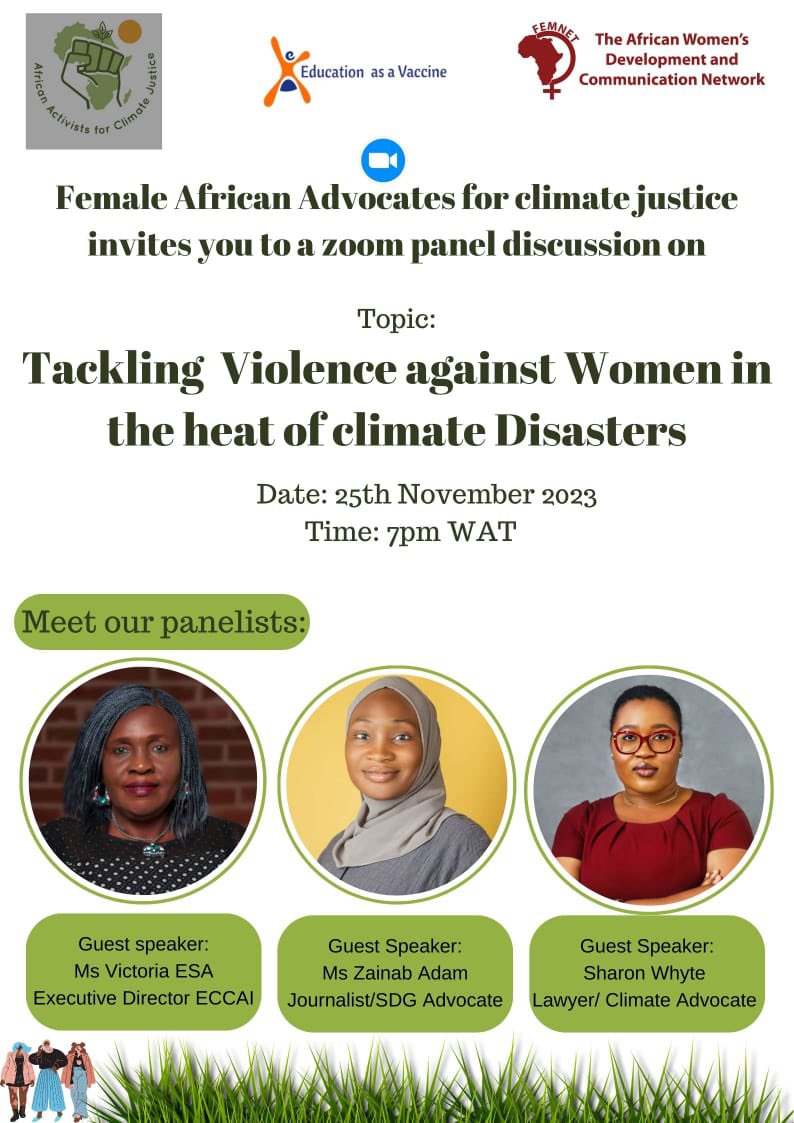 adaora_chinedu's tweet photo. Do you know that climate crises exacerbate Gender based violence against women, especially sexual based violence? To celebrate  international day of elimination of violence against women, Join #AACJFSMA on 25th, Saturday, by 7pm, to discuss mitigative measures during crises. https://t.co/Hw8jp5xRRc