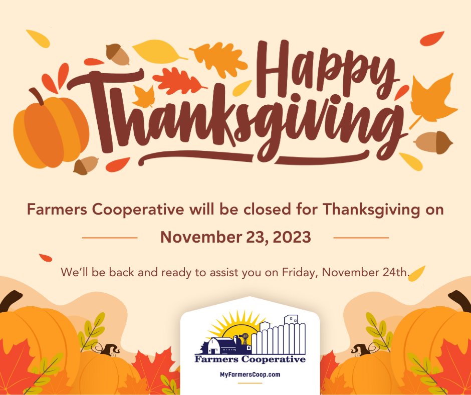 Happy Thanksgiving from Farmers Cooperative! Wishing you and your loved ones a wonderful day of gratitude and togetherness. 🦃🍂