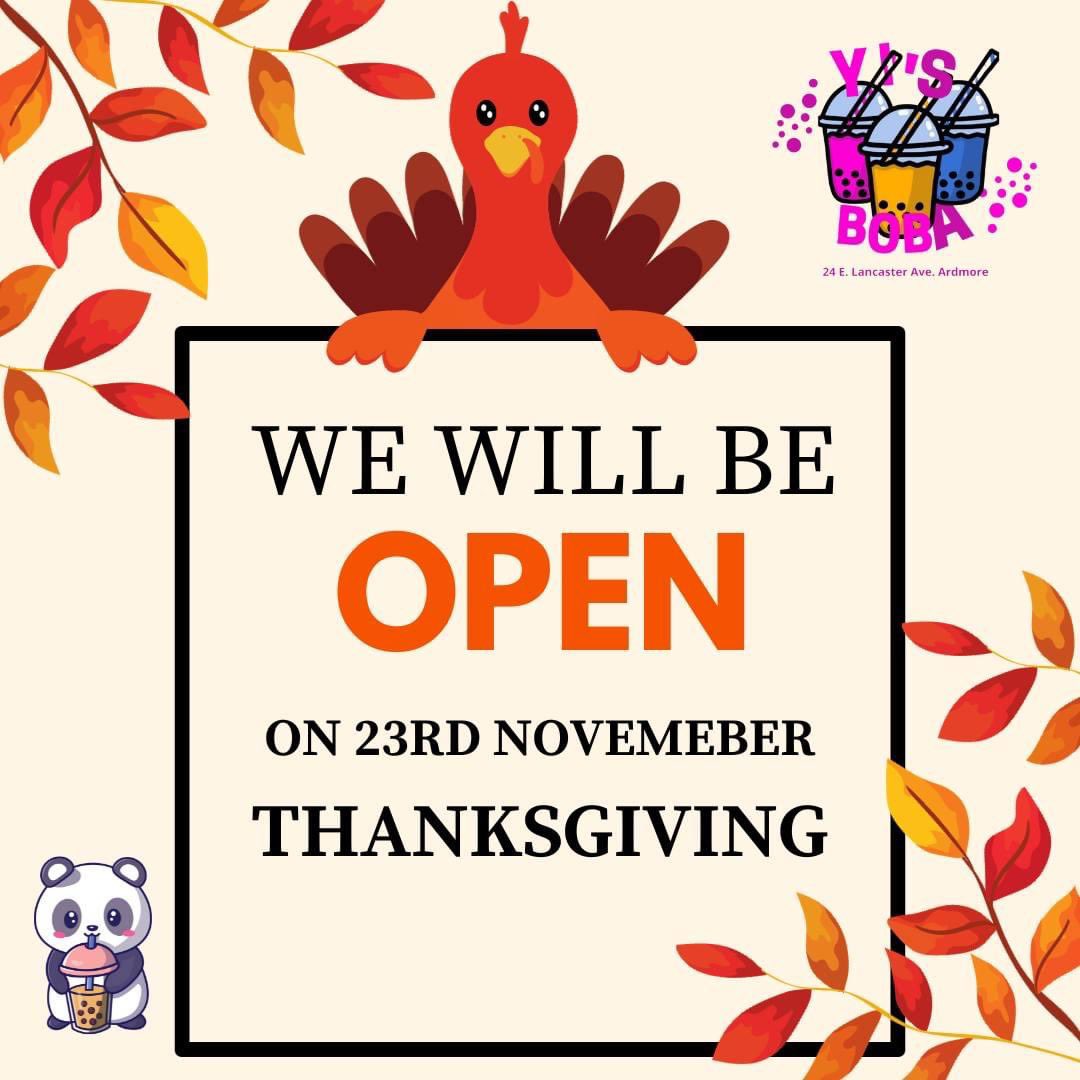 🍂🥤 Happy Thanksgiving from all of us at Yi's Boba! 🧡✨
We're OPEN today, so swing by and treat yourself to your favorite boba drink as you celebrate this day of gratitude. Whether it's a classic favorite or something new, we're here to make your #Thanksgiving a little sweeter!