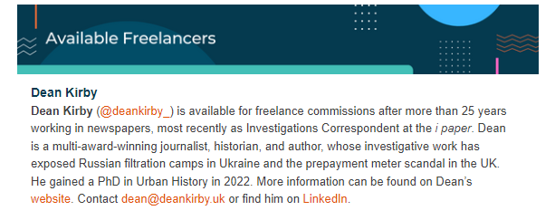 Well, it's only official when it appears in the @Media_Moves newsletter. Do consider hitting me up with a commission for writing, research, talks, training and community journalism projects. Contact details on my website: deankirby.uk #freelancing