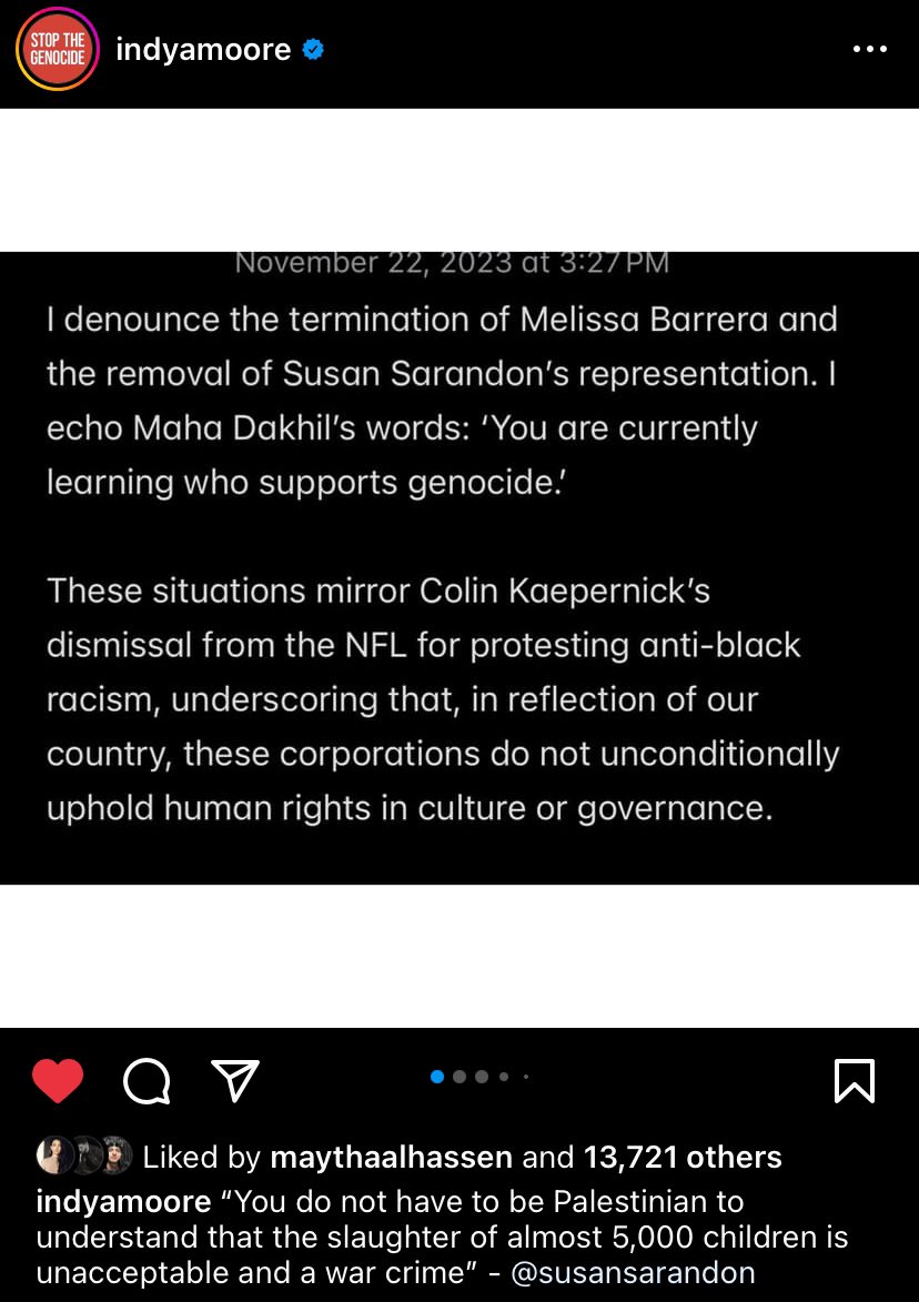 ahmedhathoutt's tweet photo. Indya Moore stands with Melissa Barrera, Susan Sarandon &amp; Maha Dakhil, compares them to Colin Kapernick and calls out Hollywood. https://t.co/6BTPgHmAKW